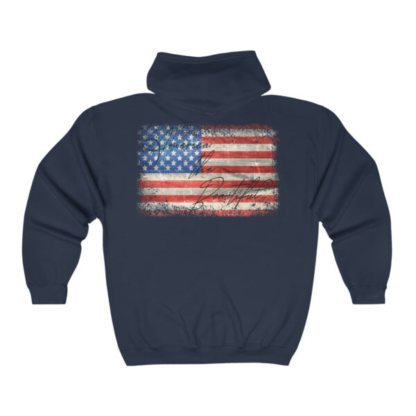 Heavy Blend Full Zip Hooded Sweatshirt, America the Beautiful Distressed Flag Design, Zip Up Hooded with Matching String, Gift for Veteran