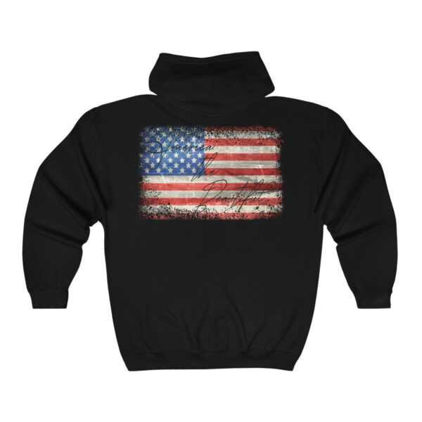 Heavy Blend Full Zip Hooded Sweatshirt, America the Beautiful Distressed Flag Design, Zip Up Hooded with Matching String, Gift for Veteran