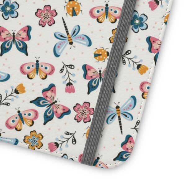 Closed, showing how flat strap is positioned across case of Butterfly All Over Print Faux Vegan Leather iPhone Flip Case