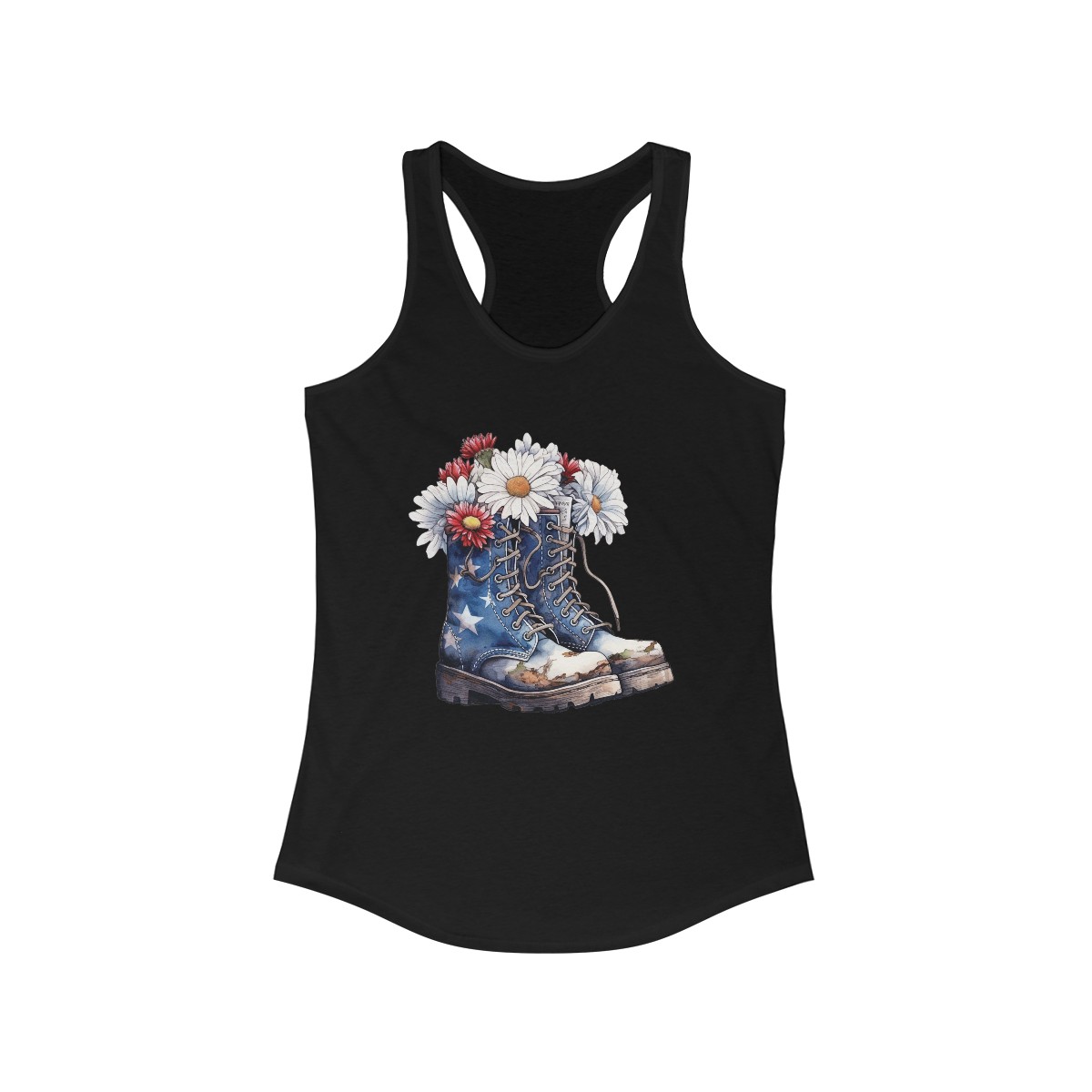 Black Red and White Daisies Star Military Combat Boots Women's Ideal Racerback Tank
