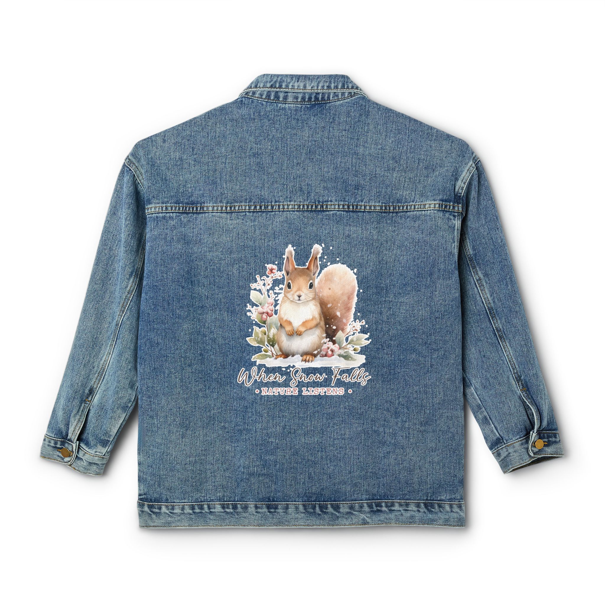 Back View, laying flat, Cute Squirrel Playing In The Snow Women’s Denim Jacket