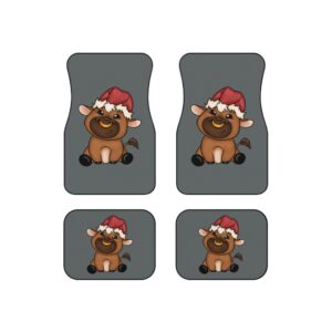 Car Mats | Set of 4 Mats | Christmas Bull | Funny Cow With A Santa Hat | Auto Accessories