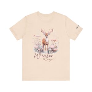 Winter Magic Deer Unisex Jersey Short Sleeve Tee, Beautiful Deer standing in the Snow