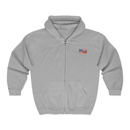 Heavy Blend Full Zip Hooded Sweatshirt, America the Beautiful Distressed Flag Design, Zip Up Hooded with Matching String, Gift for Veteran