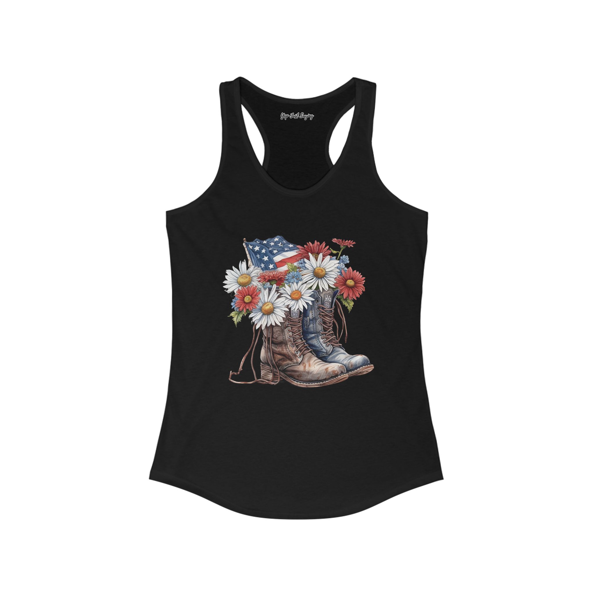 USA Flag Red White Blue Daisies Military Boots Women's Ideal Racerback Tank - Image 3