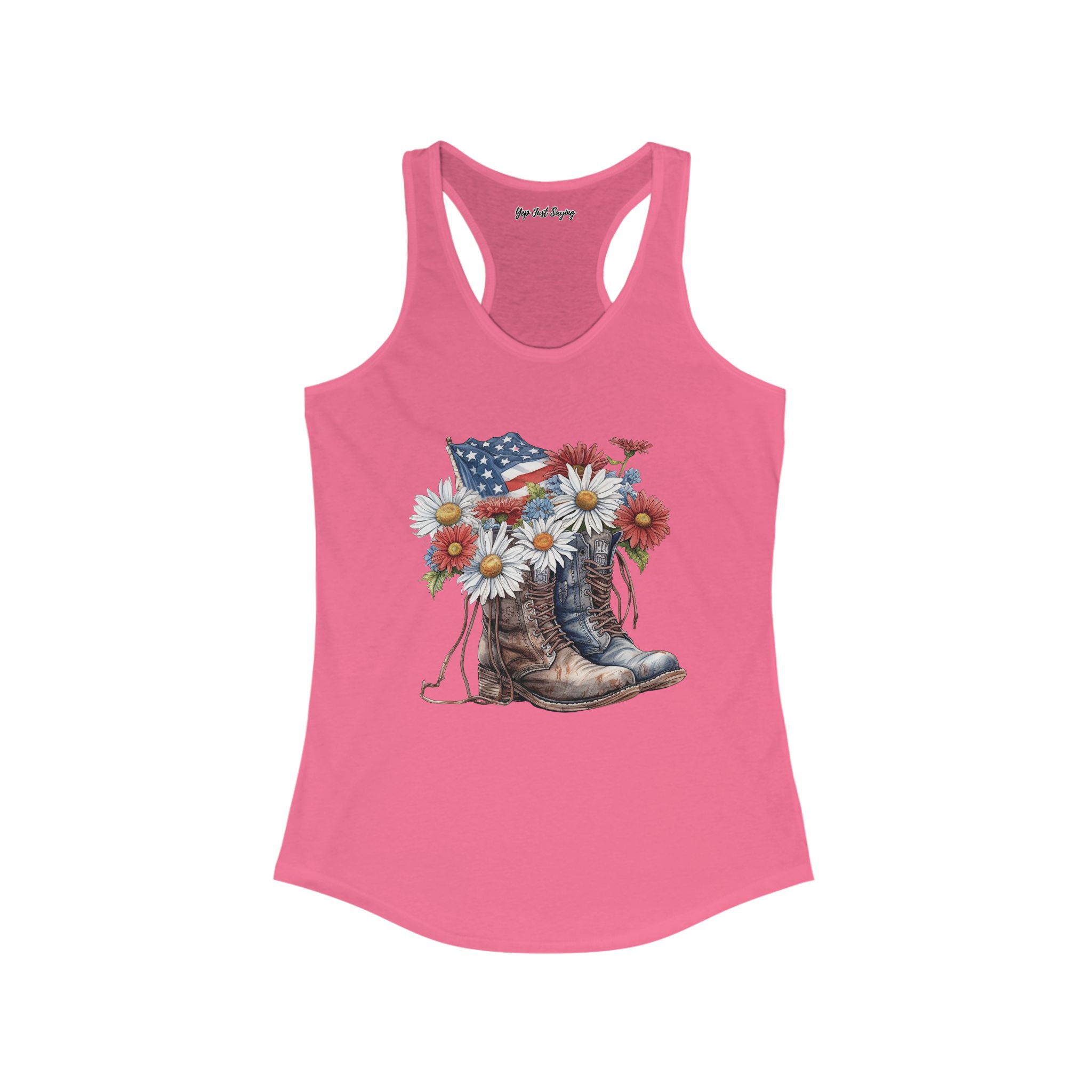 USA Flag Red White Blue Daisies Military Boots Women's Ideal Racerback Tank - Image 11