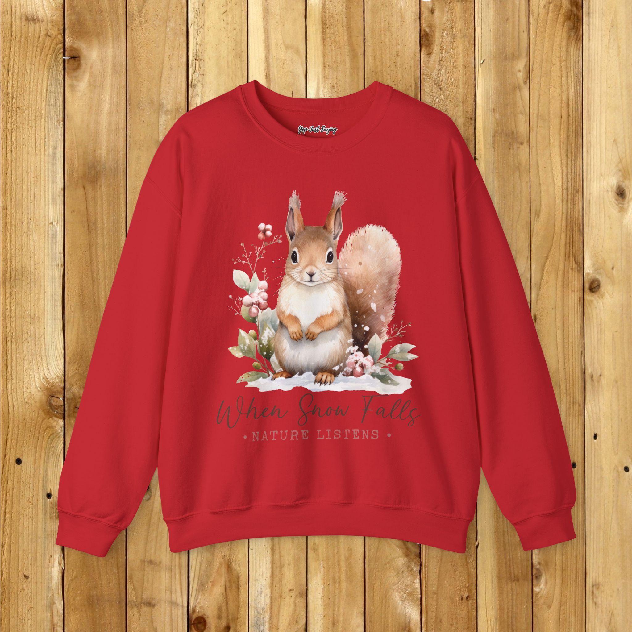 When Snow Falls Unisex Heavy Blend™ Crewneck Sweatshirt, Cute Squirrel Playing in the Snow - Image 45