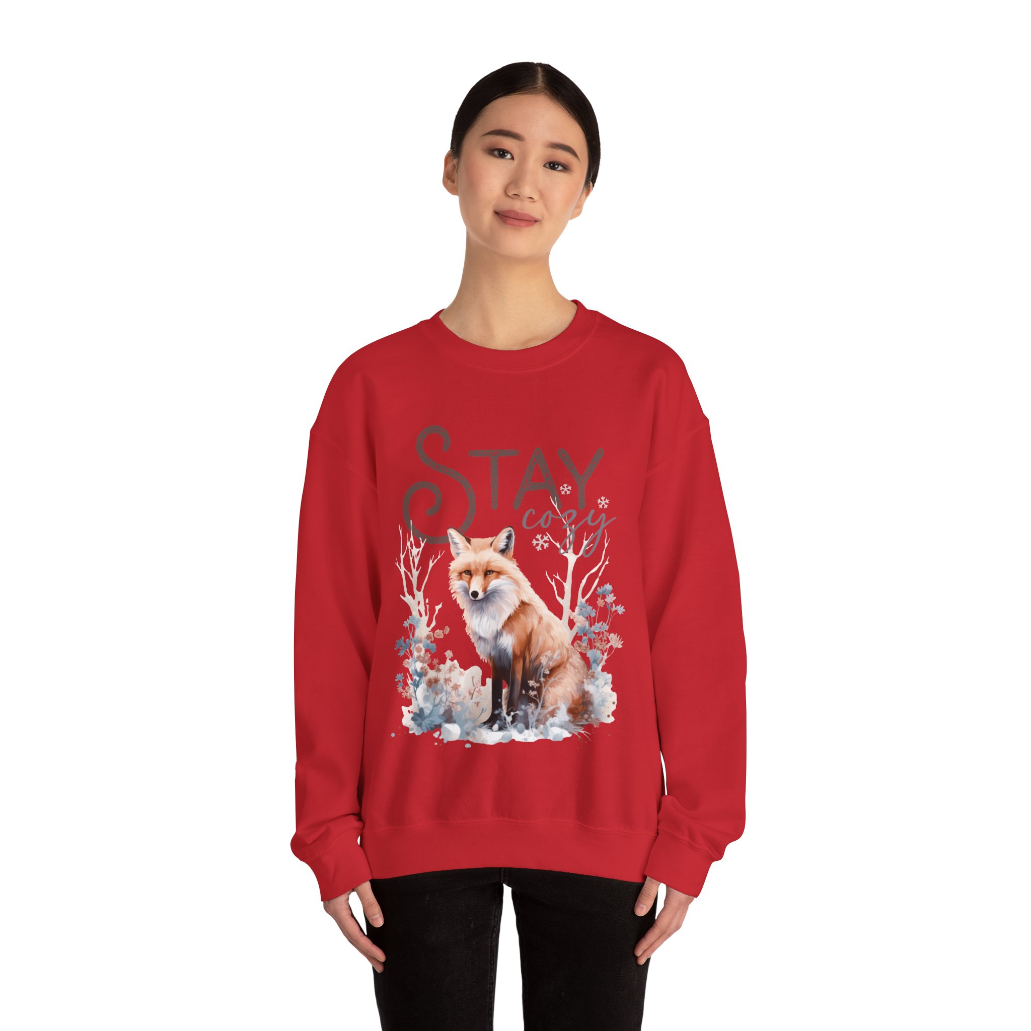 Stay Cozy Red Fox Unisex Heavy Blend™ Crewneck Sweatshirt, Winterland Red Fox in the Woods Pullover - Image 48