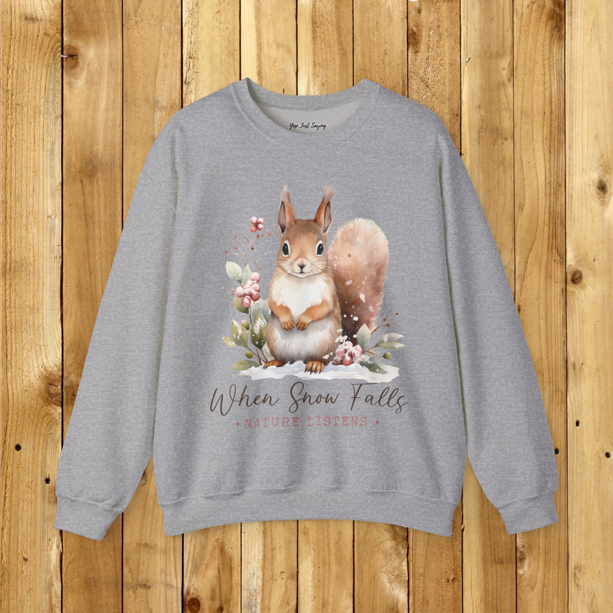 When Snow Falls Unisex Heavy Blend™ Crewneck Sweatshirt, Cute Squirrel Playing in the Snow - Image 21