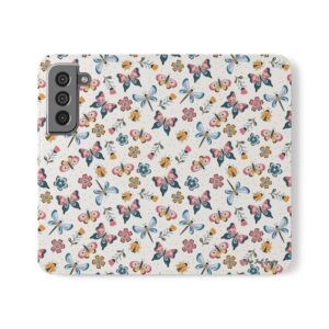 Butterfly Faux Vegan Leather Folio Samsung Case, Samsung Flip Cases with Strap, Butterfly All Over Print