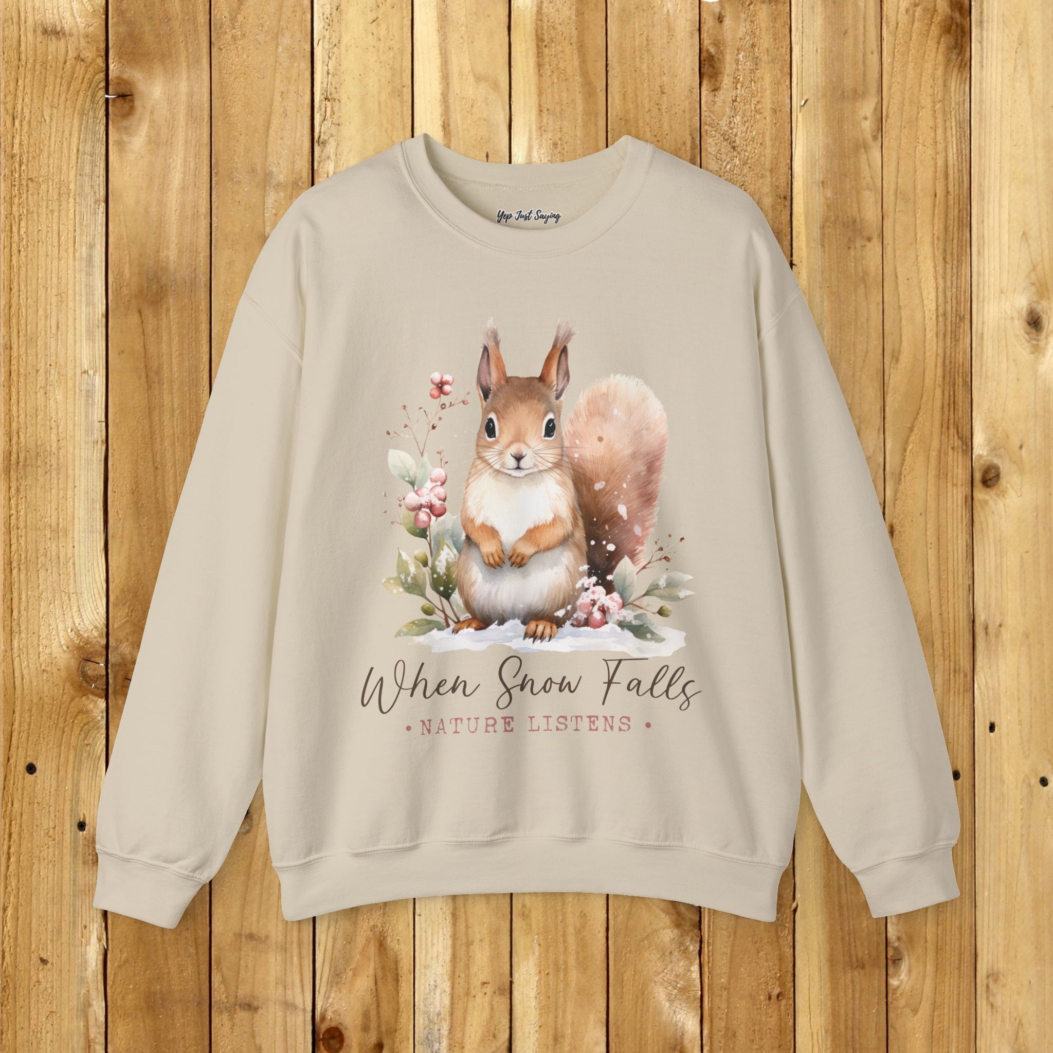 When Snow Falls Unisex Heavy Blend™ Crewneck Sweatshirt, Cute Squirrel Playing in the Snow - Image 17