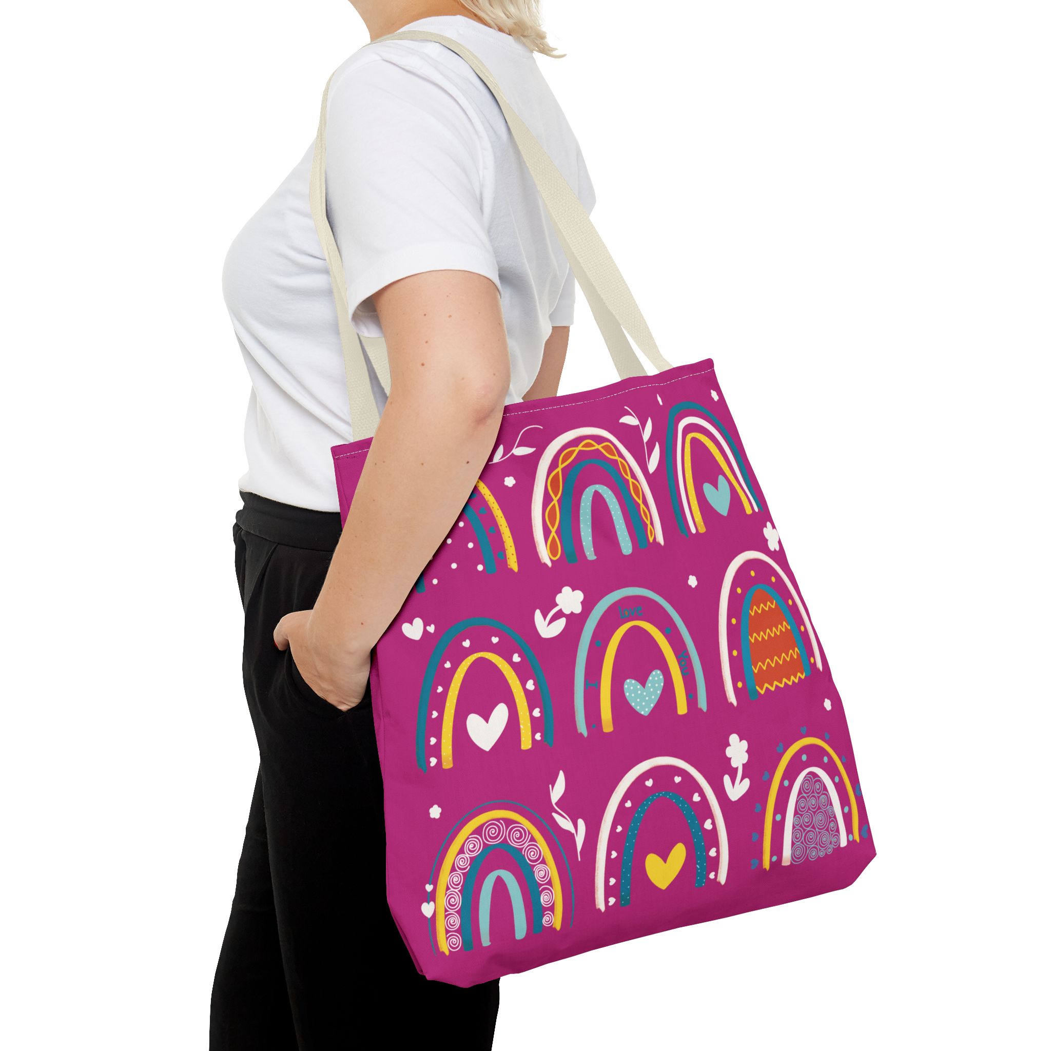 Boho Rainbow Colors Pink Tote Bag All Over Print - Image 48