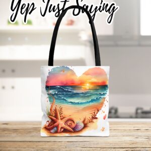 Sunset Sandy Beach Starfish Shells Waves Tote Bag, Grocery Shopping On The Go Travel Strong Durable Over The Shoulder Sack