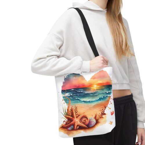 Sunset Sandy Beach Starfish Shells Waves Tote Bag, Grocery Shopping On The Go Travel Strong Durable Over The Shoulder Sack